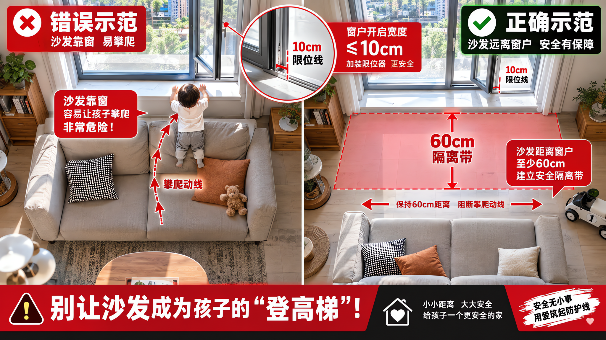 俯视构图的家庭客厅窗台安全示意图，中国家庭室内场景，窗户一侧打开并用清晰标注线显示“10cm限位线”