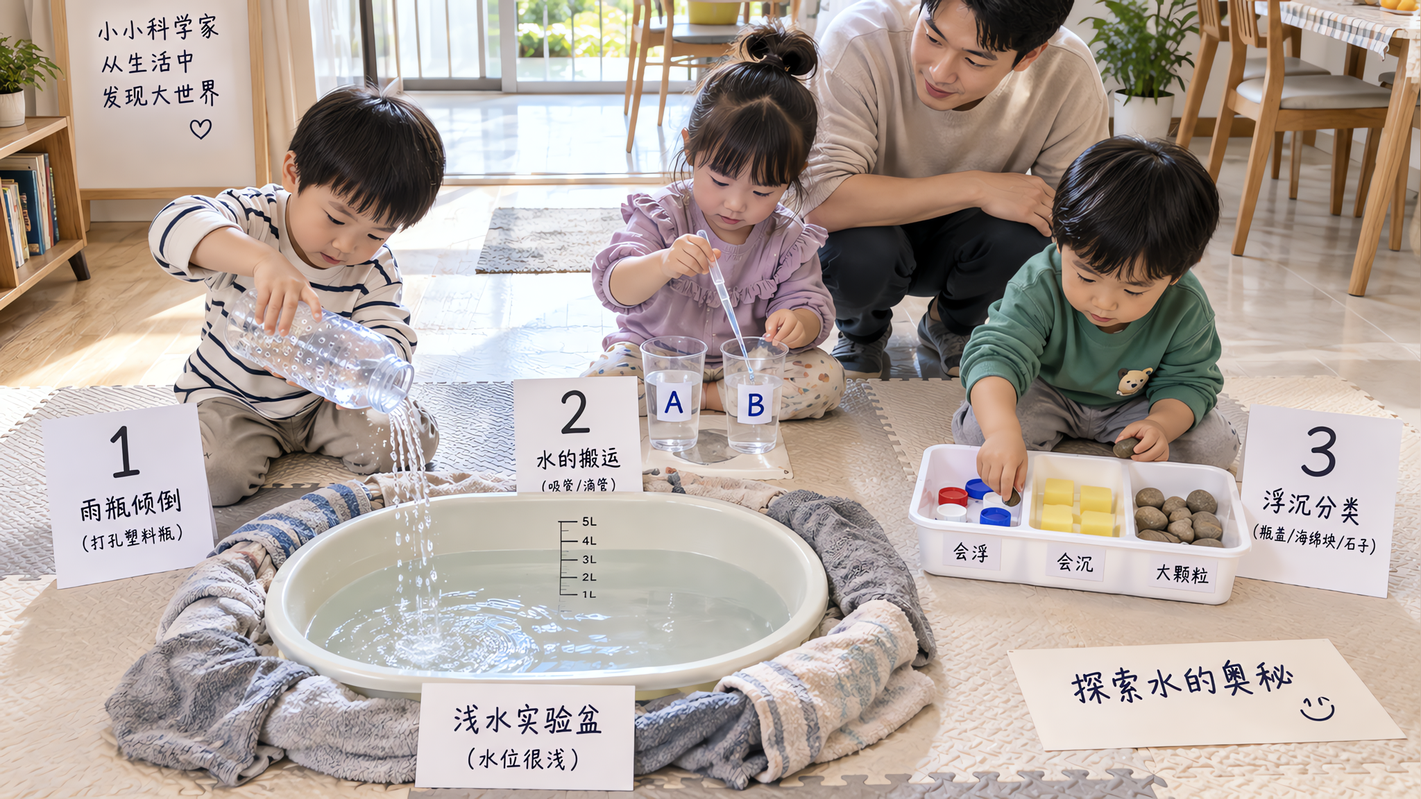 不买戏水桌：用2个瓶+浅盆做可控戏水三站