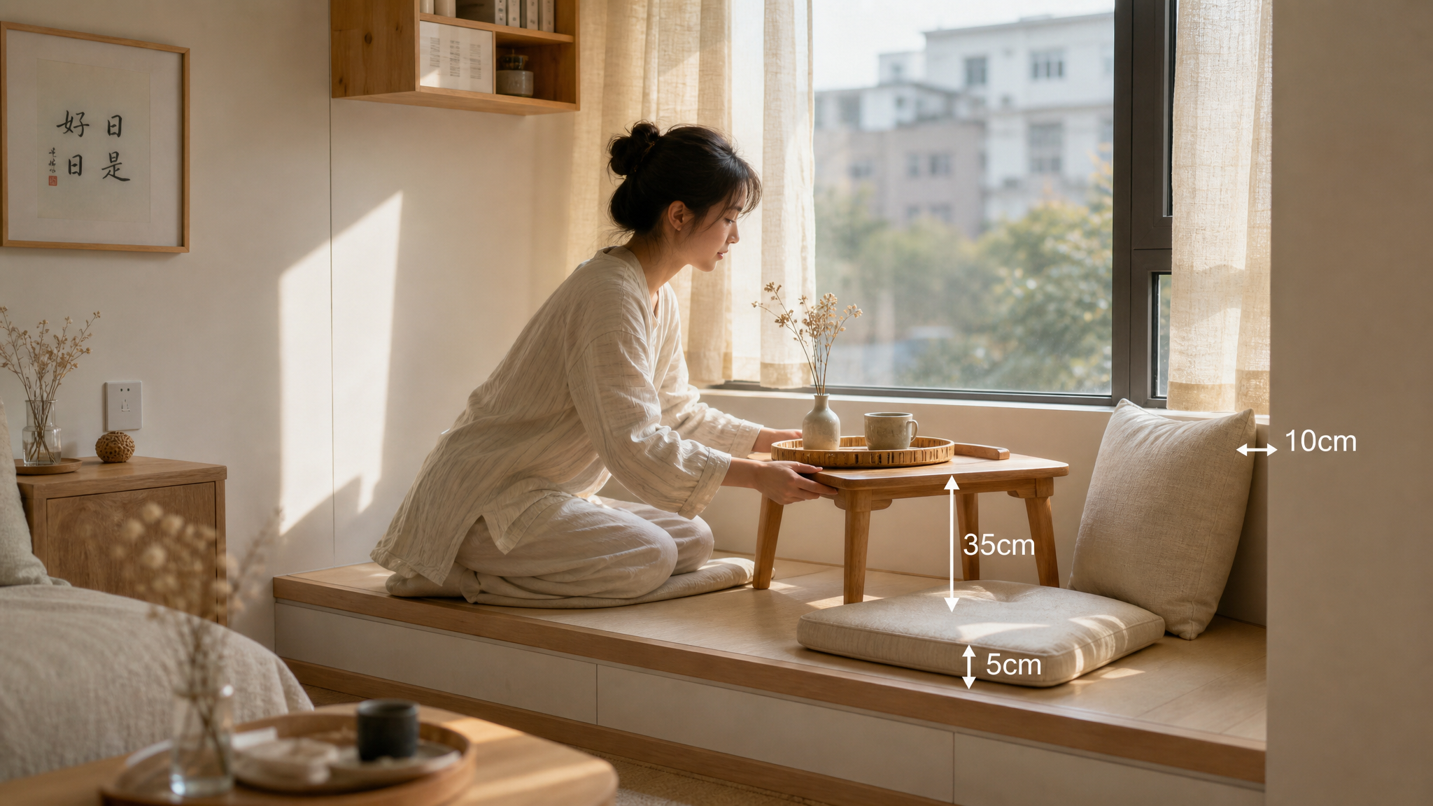 飘窗乱成杂物堆？用5cm坐垫+35cm矮桌救回1㎡