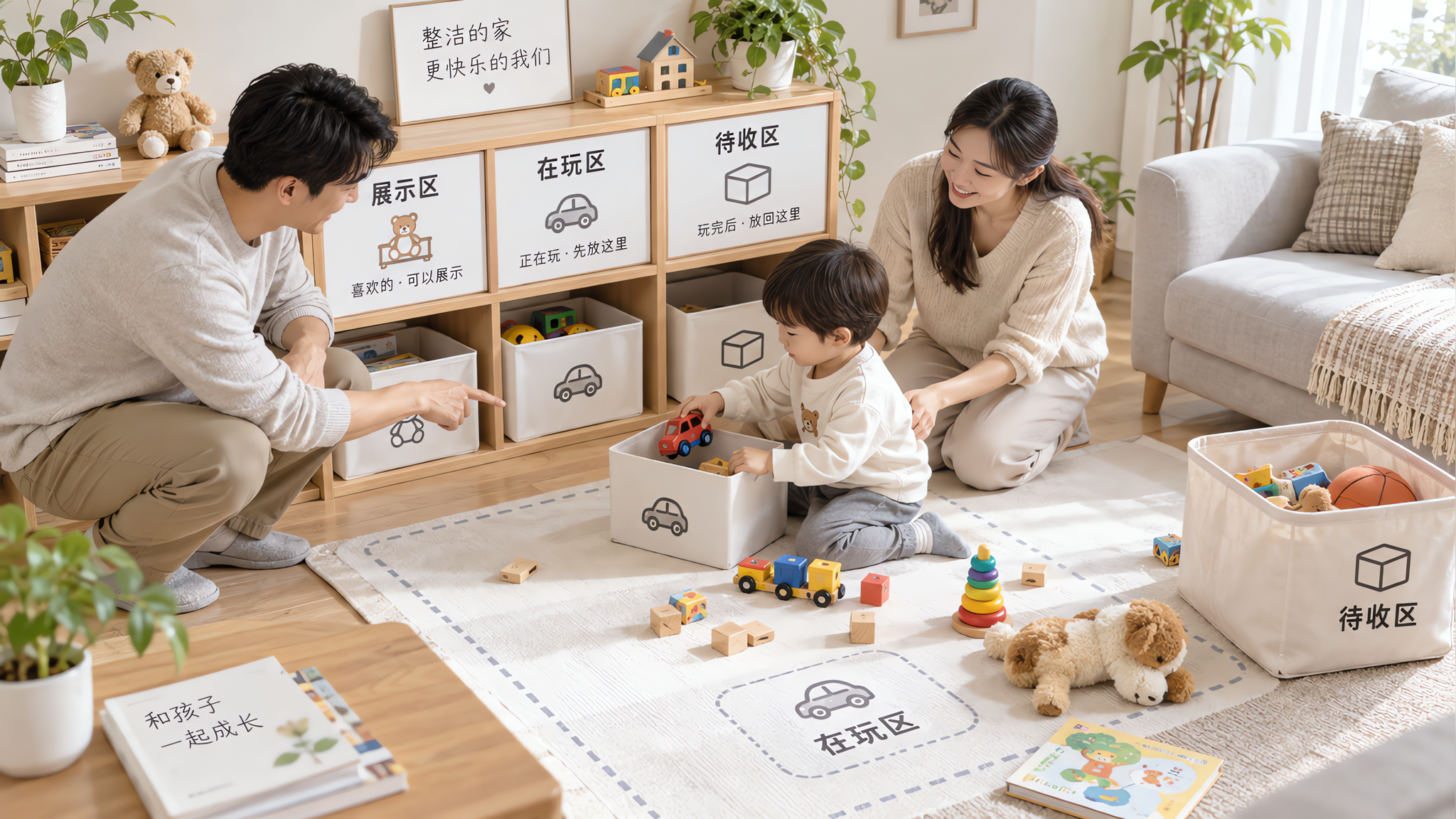 生活方式摄影风格的画面，中国年轻父母在明亮整洁的客厅里与一名中国2-3岁幼儿一起整理玩具，画面重点呈