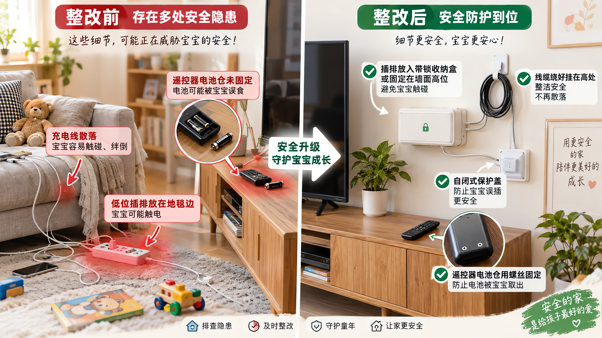 1-3岁家庭电力隐患清单：插座、插排、充电线、纽扣电池一次改完