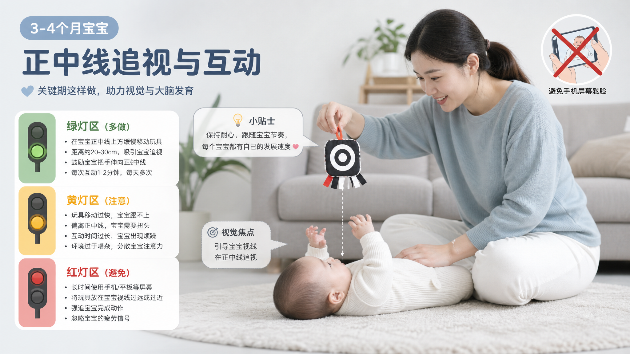 莫兰迪浅灰蓝色调的育儿科普信息图风格画面，中国年轻妈妈与3-4个月中国婴儿在客厅地毯上互动，妈妈坐姿