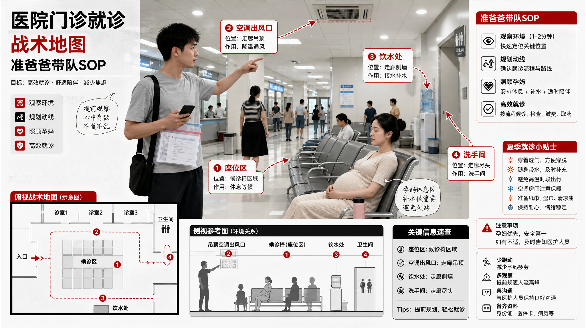 中国医院门诊走廊候诊区场景，中国年轻准爸爸手拿手机与资料袋，站在一旁观察环境并指向“座位区、空调出风