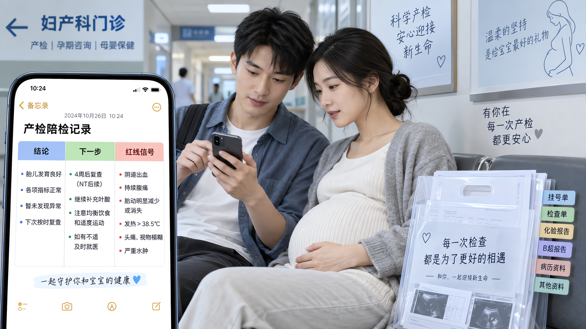 中国年轻准爸爸与孕妈在医院门诊走廊的安静角落,准爸爸手持手机备忘录在记录“结论/下一步/红线信号”三