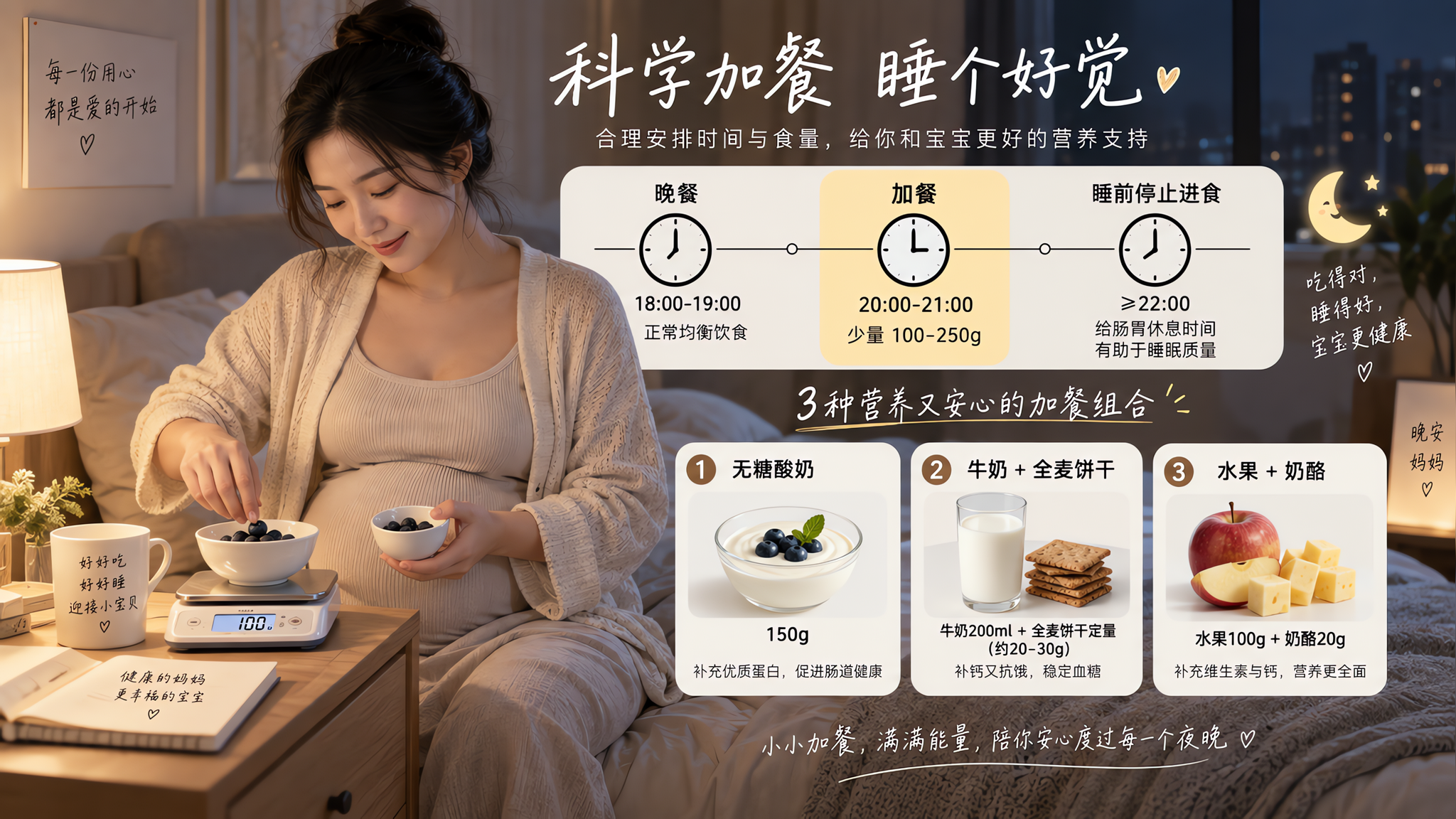 中国孕妇在夜间温馨卧室场景中坐在床边，手边放着电子厨房秤与小碗，正在称量加餐食物；画面核心主体是一张