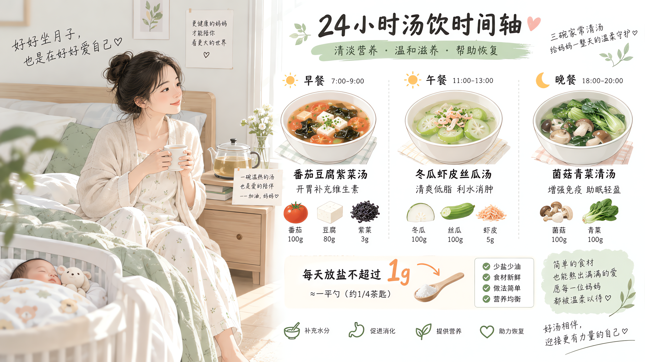 产后多汗别猛灌白水 3碗带盐清汤照做
