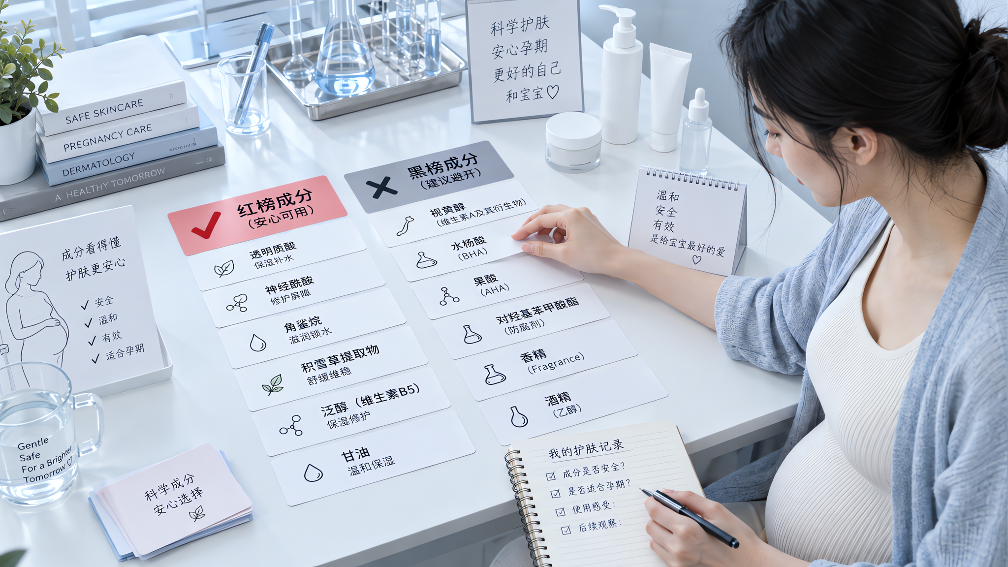 中国孕妈坐在干净明亮的桌前，桌面摆放成分卡片（红榜与黑榜分类）、简单的护肤品瓶罐（无品牌logo），