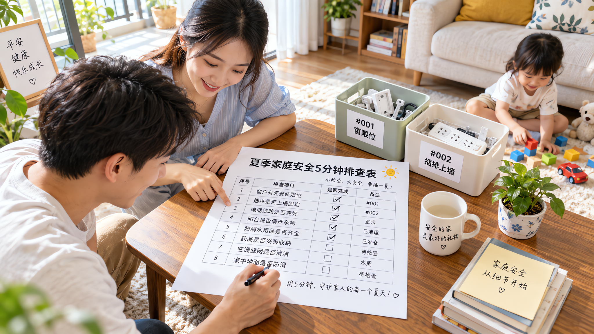 中国年轻爸爸和中国年轻妈妈在家庭客厅里一起做“夏季家庭安全5分钟排查表”打勾记录，旁边有中国3-6岁