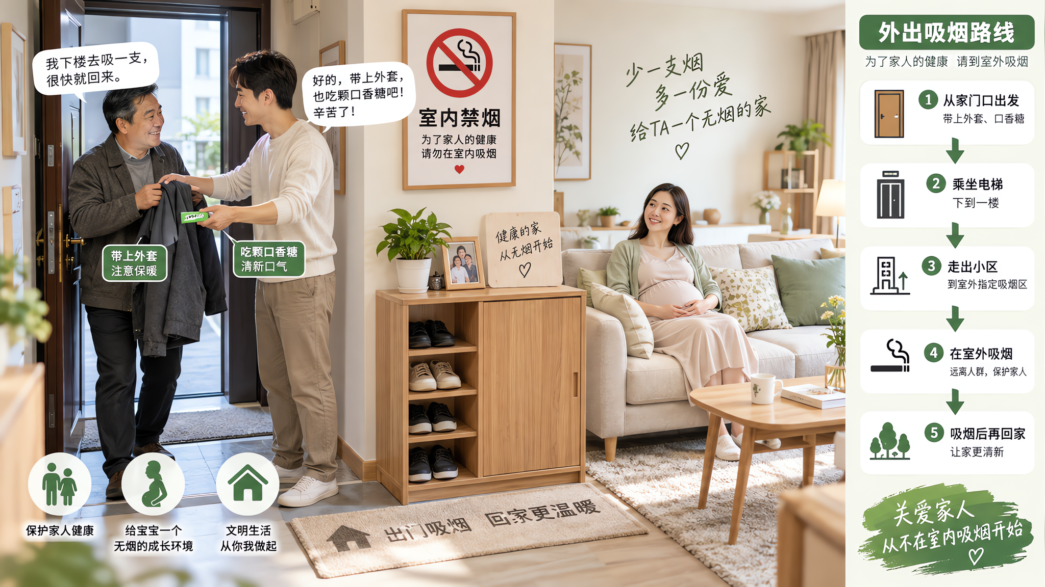 中国家庭真实居家场景，明亮整洁的客厅与玄关连通，墙上贴有“室内禁烟”提示牌，画面以动线示意为核心：从