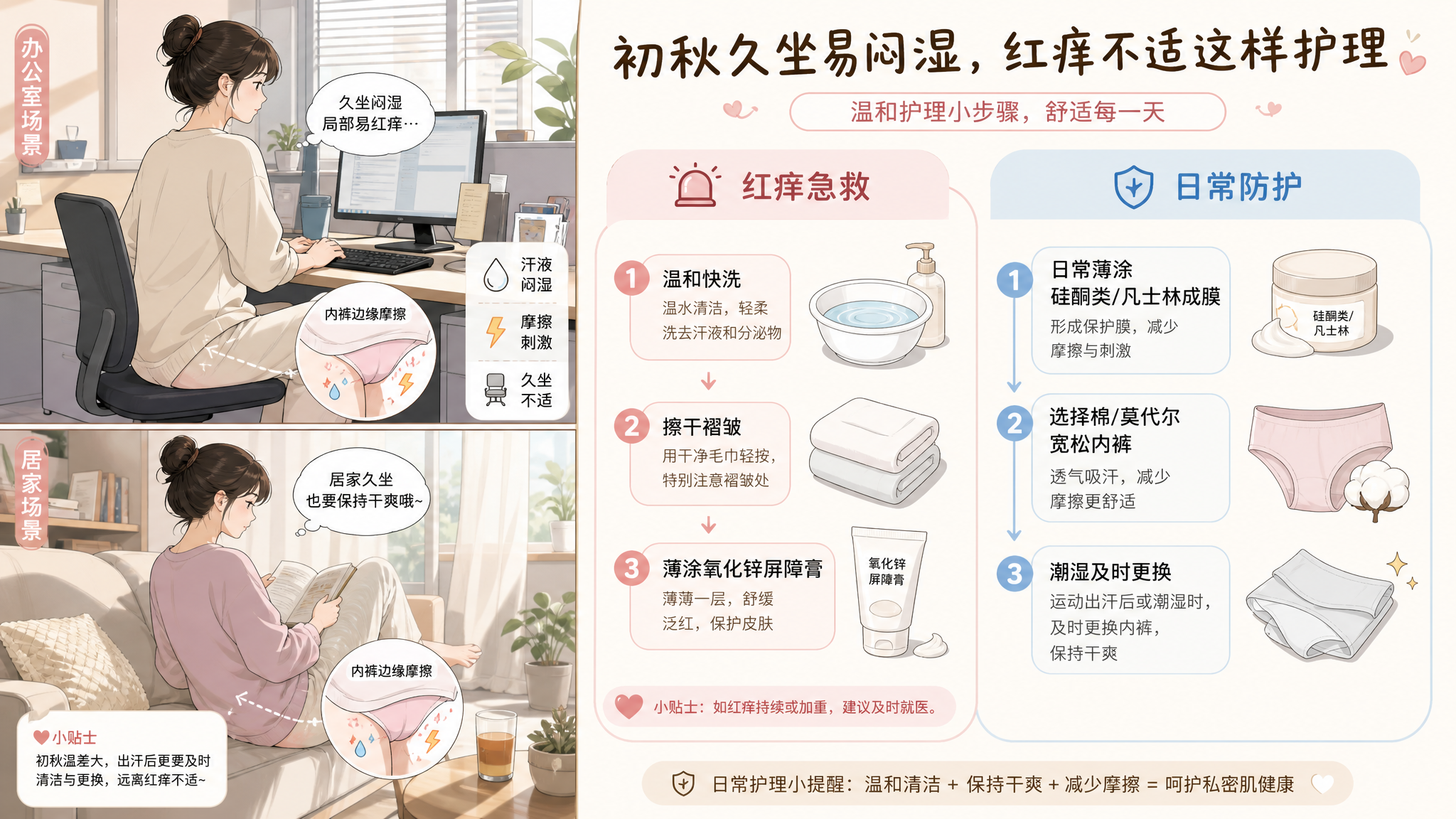 坐久臀下缘又痒又红？别猛洗，3步把摩擦降下来