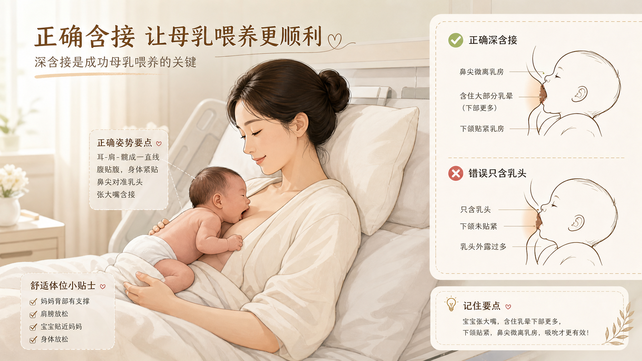 开奶痛多半不是奶少，是含接太浅：半躺对位大开口三步纠正