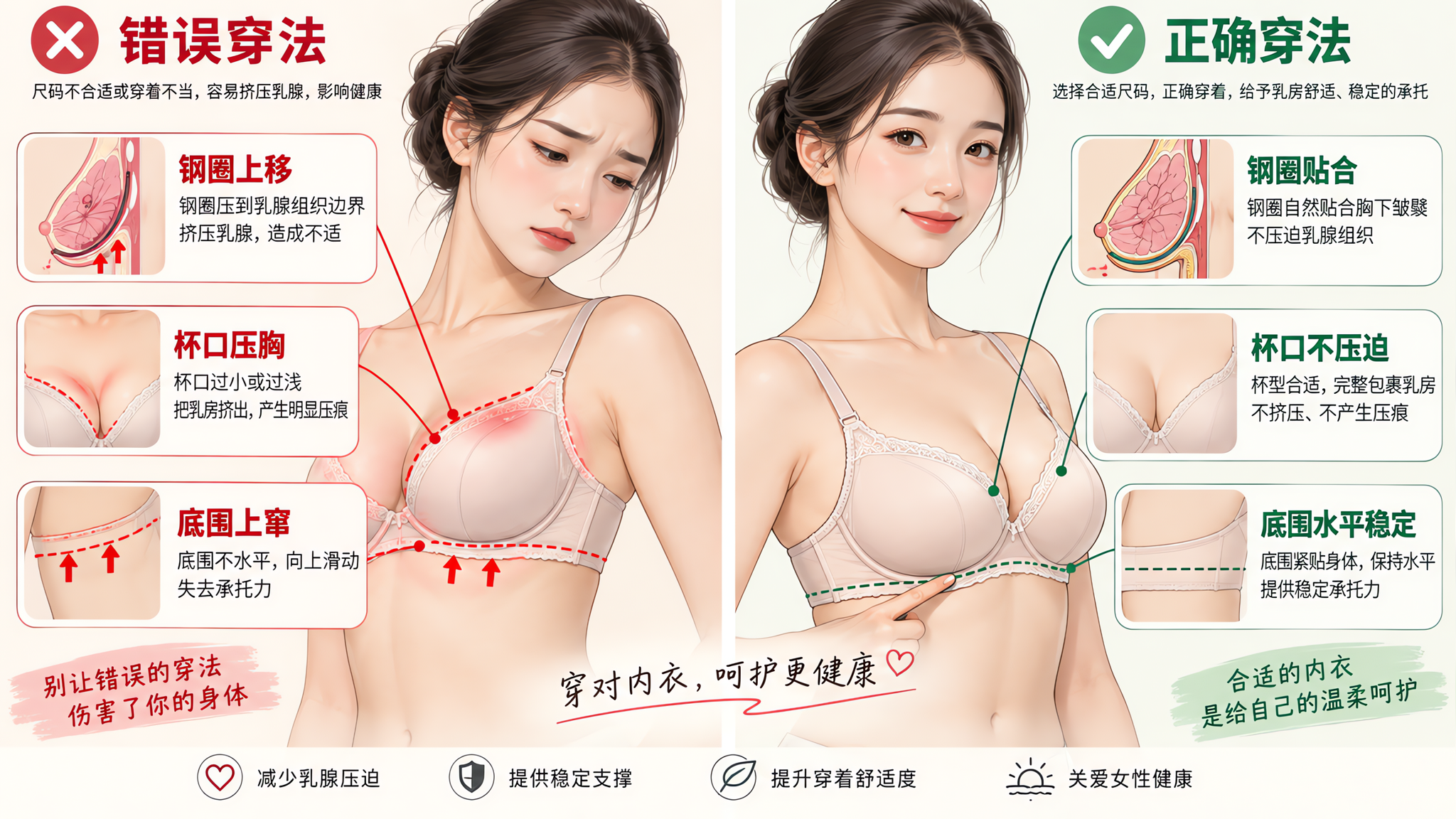 钢圈内衣不致癌，压痕多半是弧度或底围选错了