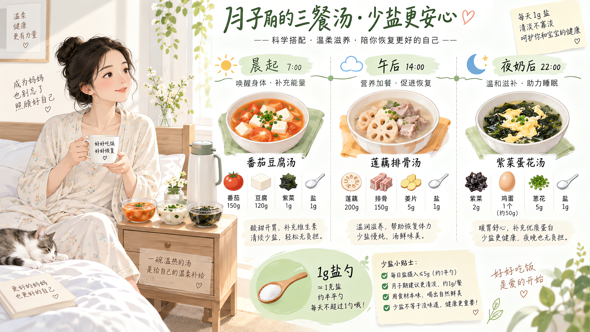 产后多汗别只喝白水：3碗带盐清汤按时喝