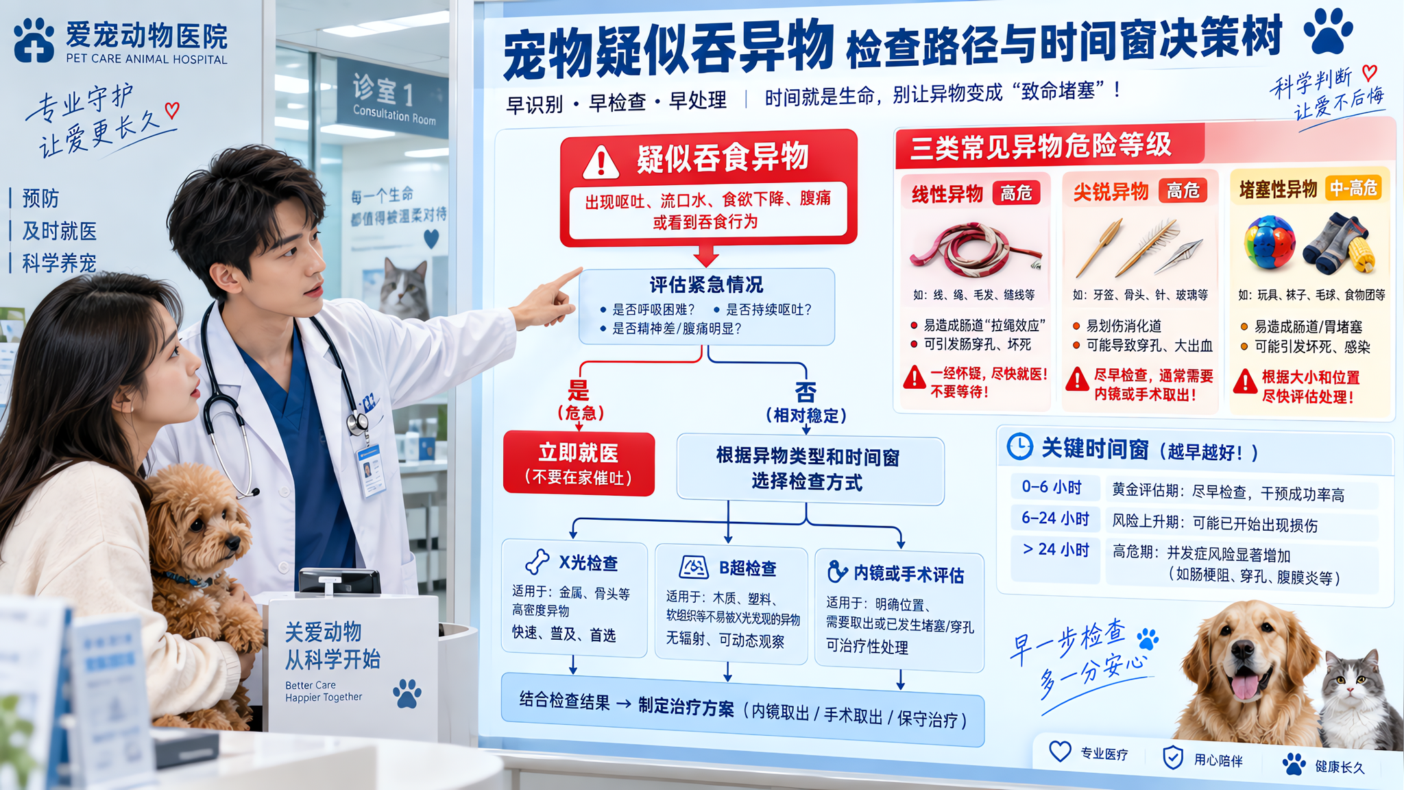 硬核急诊科普信息图风格，一张清晰的“宠物疑似吞异物检查路径与时间窗决策树”海报，画面主体为流程树：从