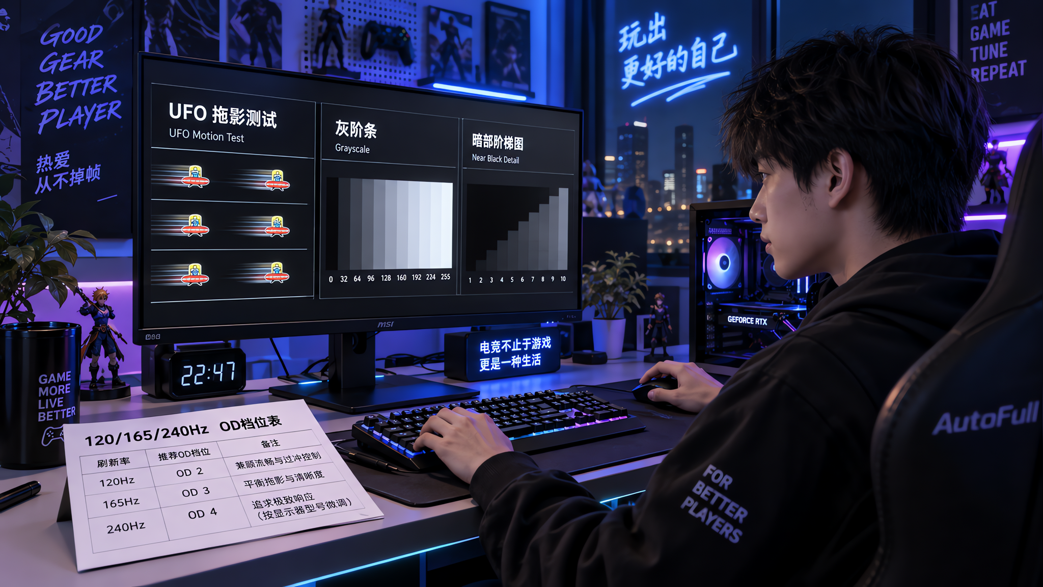 中国年轻电竞玩家在夜晚的电竞房间内调试显示器设置，屏幕上同时显示UFO拖影测试、灰阶条和暗部阶梯图三