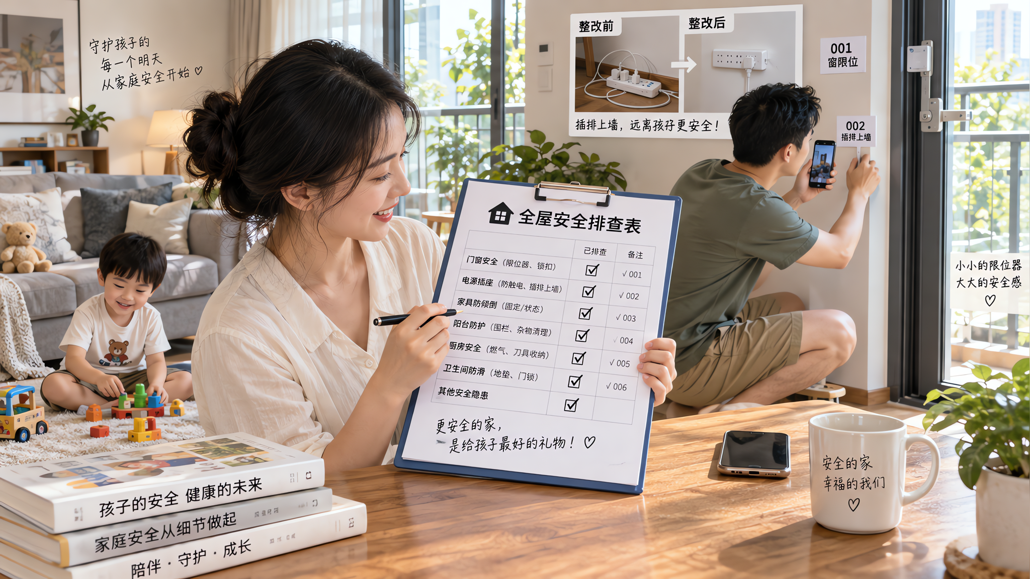 中国年轻父母在家中进行家庭安全排查，3-6岁中国儿童在旁边玩耍但被安全看护，妈妈手持带勾选框的“全屋