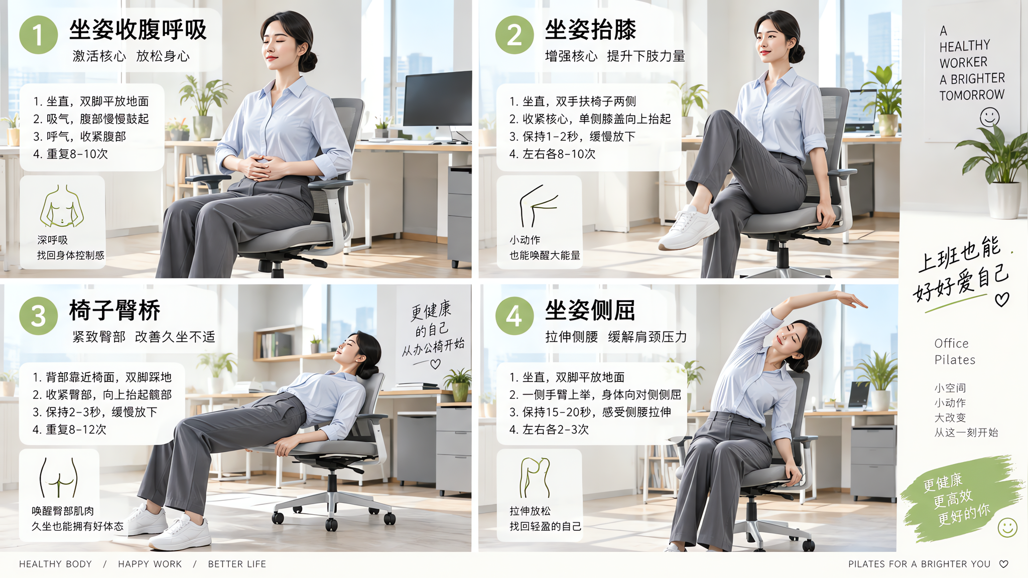 久坐小腹凸、臀扁？5分钟椅子普拉提坐着练回核心臀