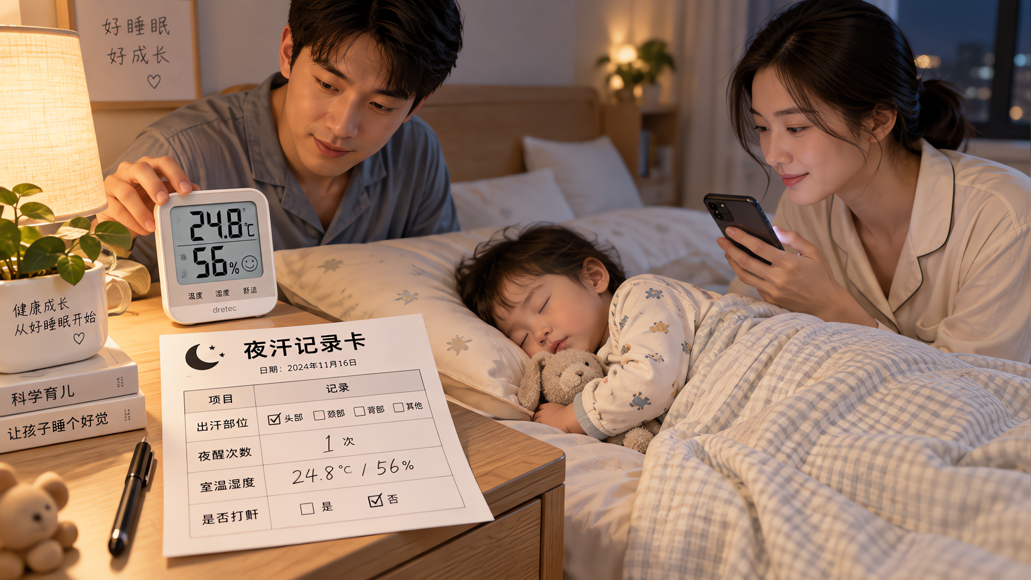 中国年轻父母在卧室夜间场景中照顾一名中国幼儿，爸爸在床头摆放并查看温湿度计，妈妈拿手机记录数据和观察
