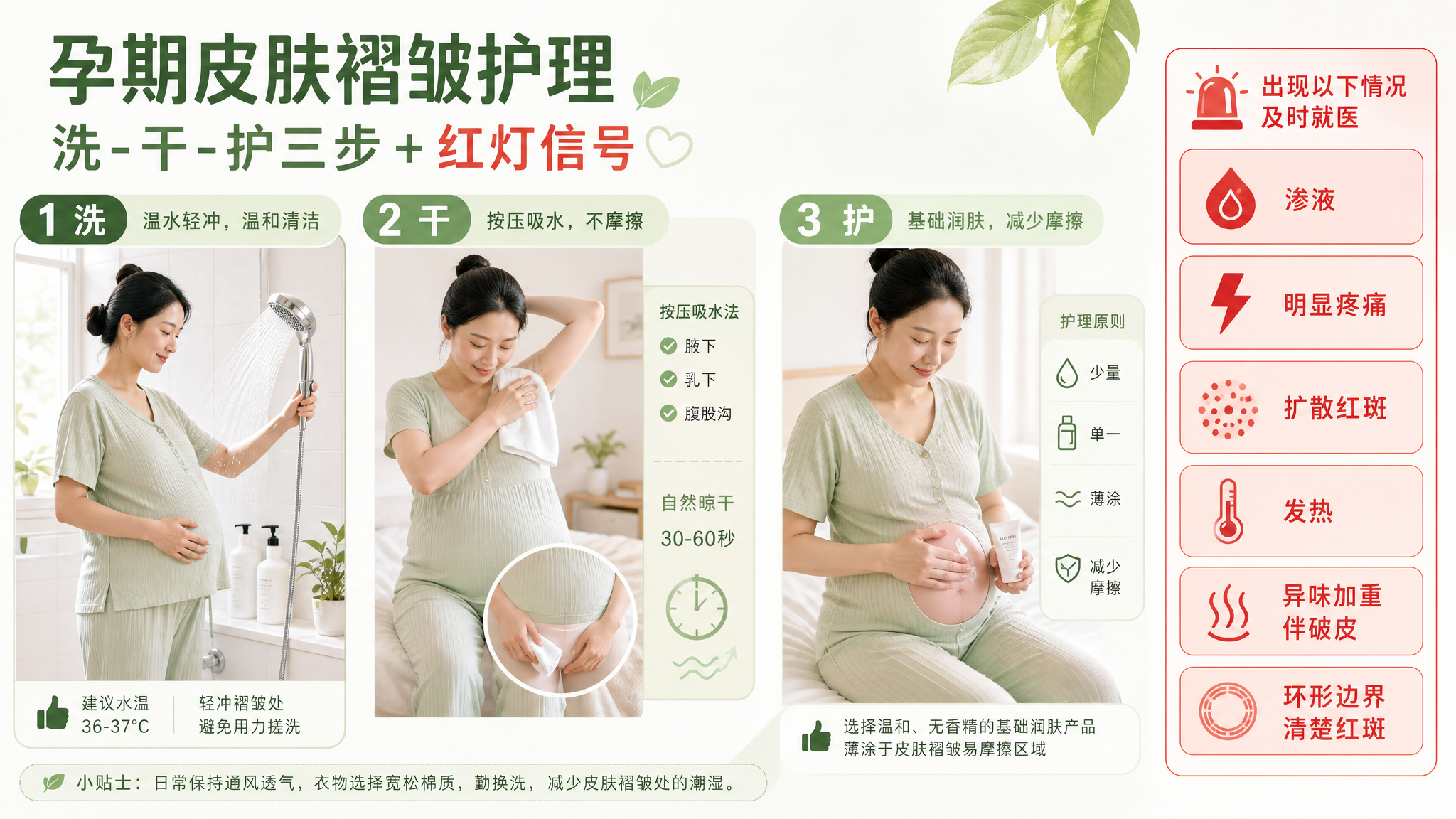 清爽治愈绿色系长图信息图，主题为“孕期皮肤褶皱护理 洗-干-护三步+红灯信号”，画面包含中国孕妇（孕