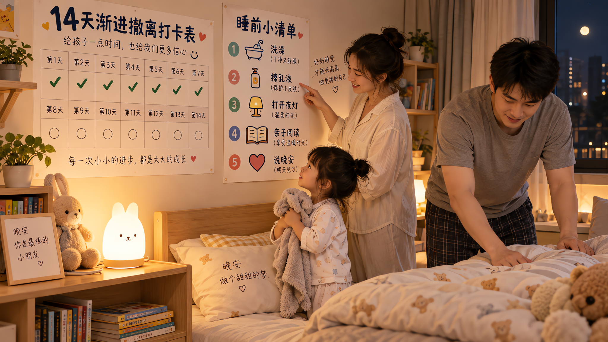 中国年轻爸爸妈妈在夏季夜晚的卧室里，陪一位中国幼儿进行睡前流程，画面主体是贴在墙上的“14天渐进撤离