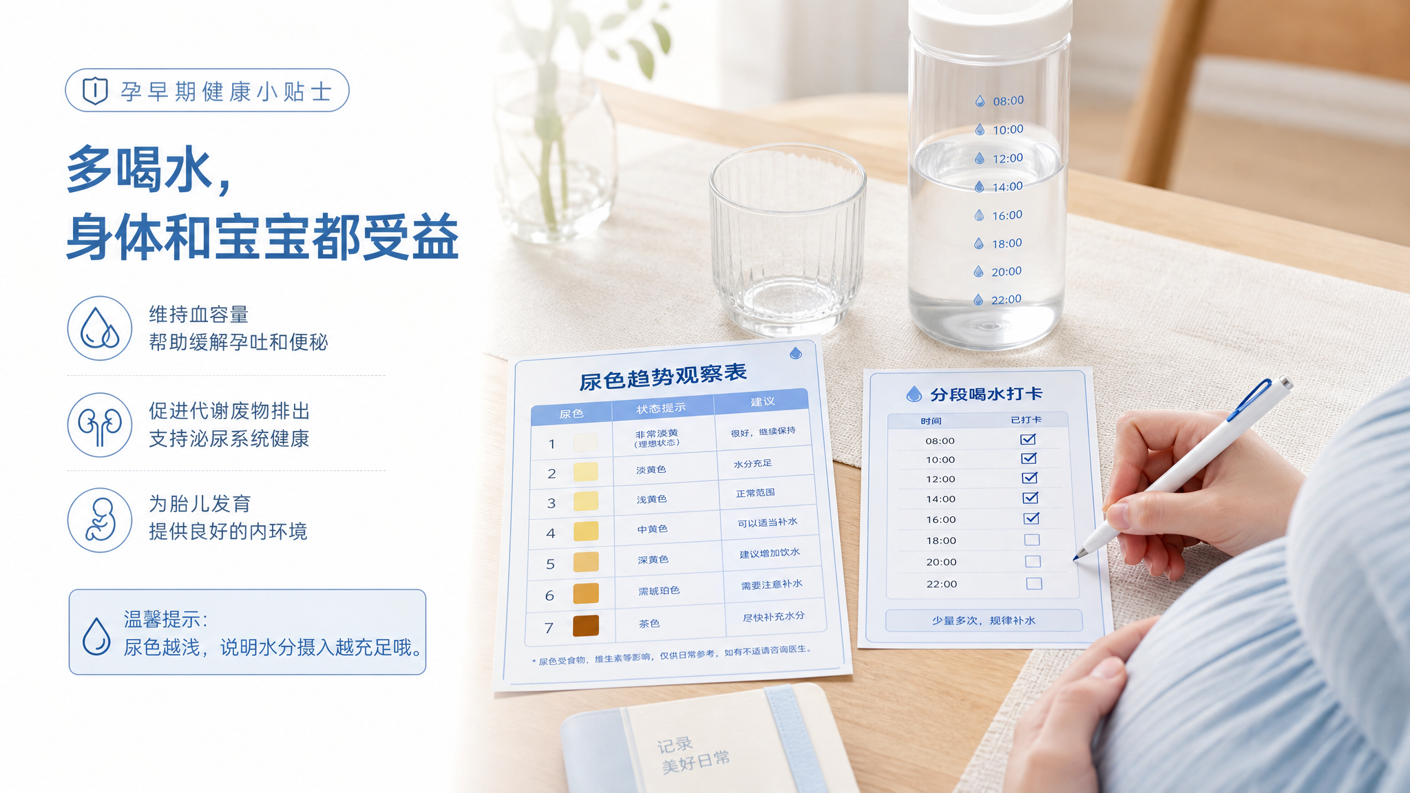 蓝白极简信息卡风格的健康科普配图，画面为干净的桌面平铺构图，桌面上有一张“尿色趋势观察表”和“分段喝