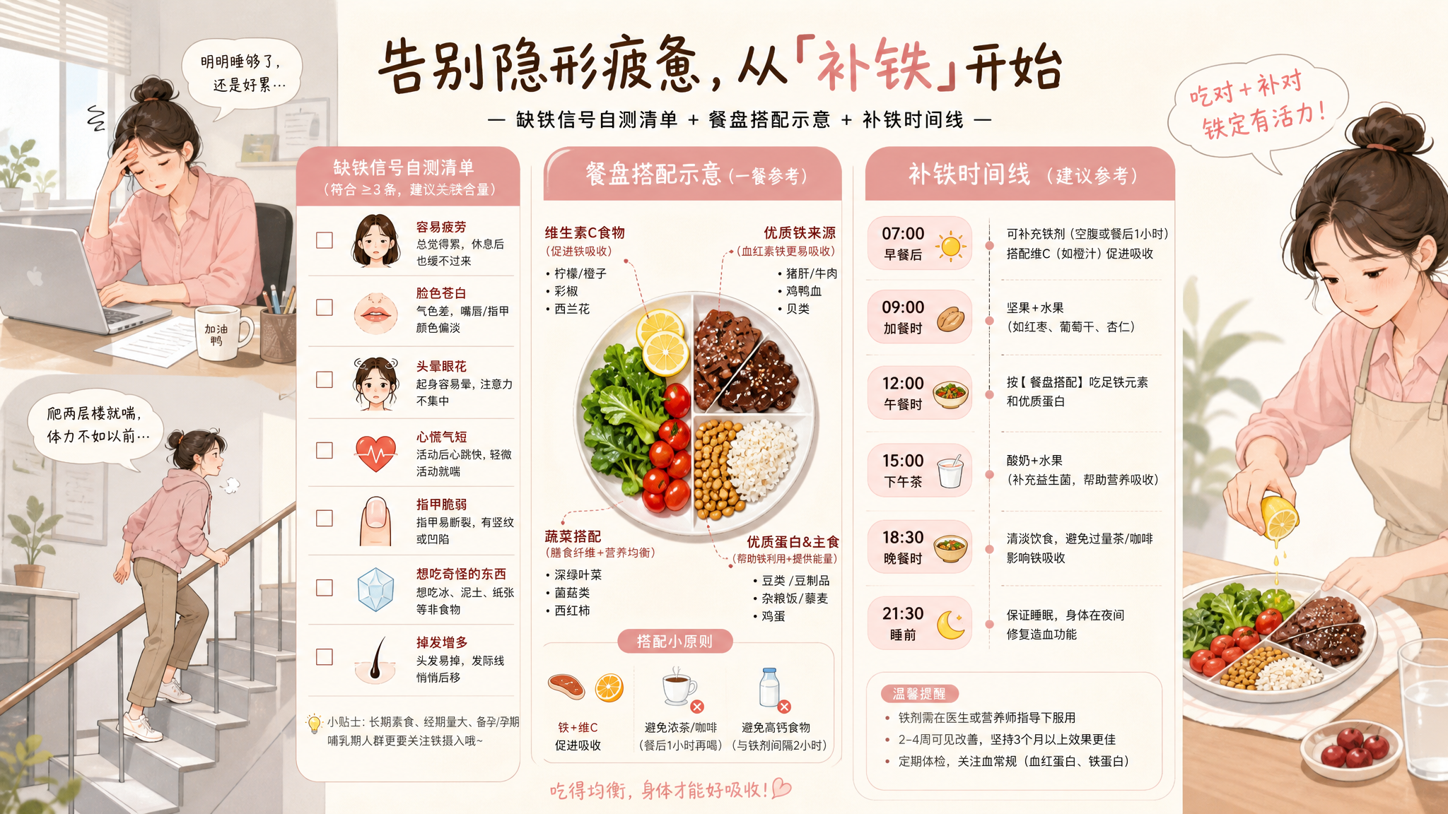 温柔治愈系信息图风格插画,场景为明亮现代的办公室与家中餐桌的拼接画面,中国年轻职场女性为主角,人物动