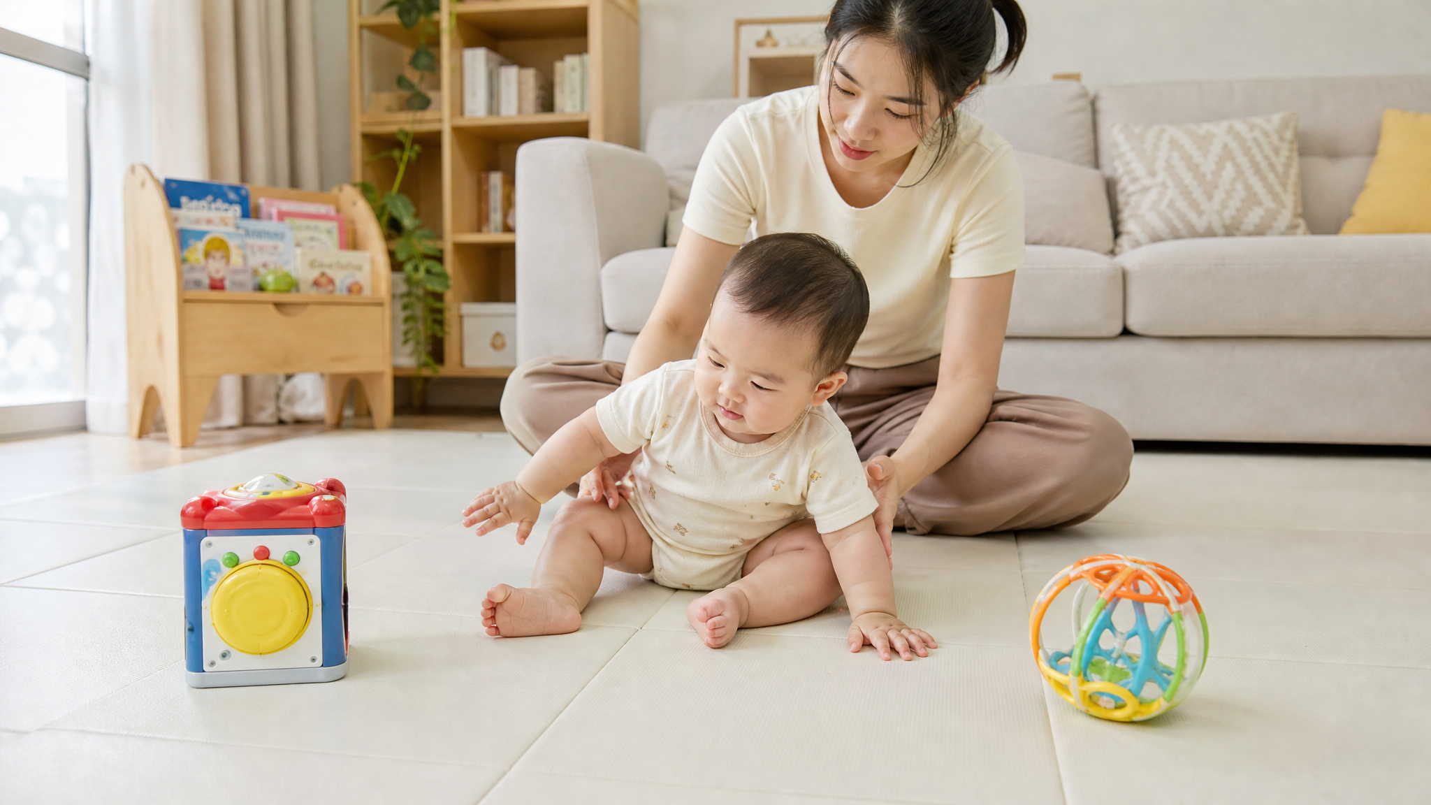 7-9个月独坐总会倒？先别用枕头围住他