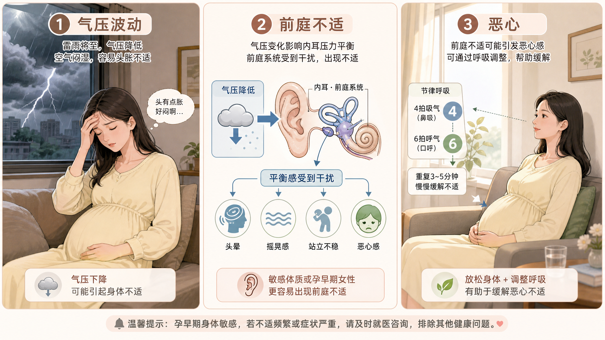 一到雷雨台风前就恶心发飘？孕早期用这3步稳住