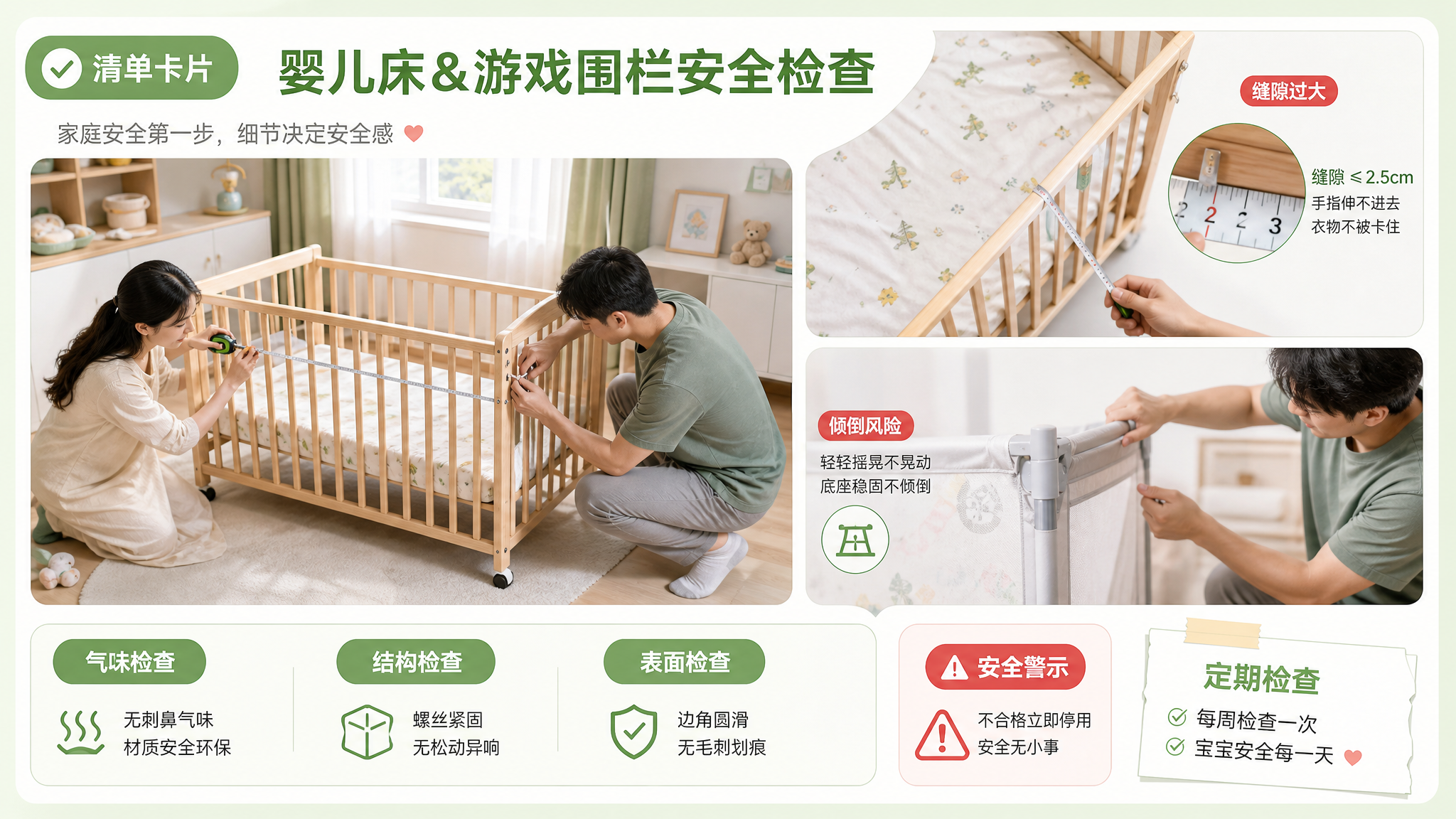 清单卡片风的真实生活方式摄影画面,中国年轻妈妈与中国年轻爸爸在家中明亮整洁的婴儿房里共同检查婴儿床与