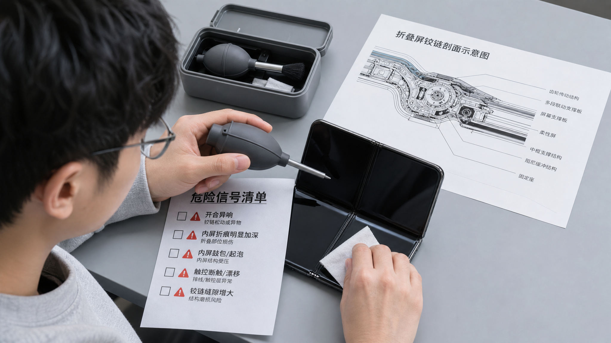中国年轻男性科技博主在书桌前演示折叠屏手机保养检查,人物用气吹对准折叠屏手机铰链区域轻吹,并用无纺布