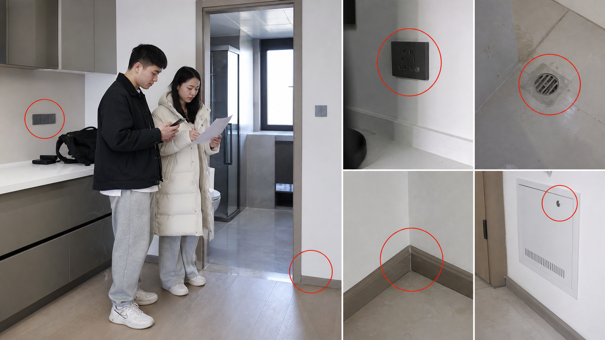 中国年轻夫妻在新房交付现场进行验收检查,手拿检查清单和手机,站在厨房台面与卫生间门口交界处,画面中重