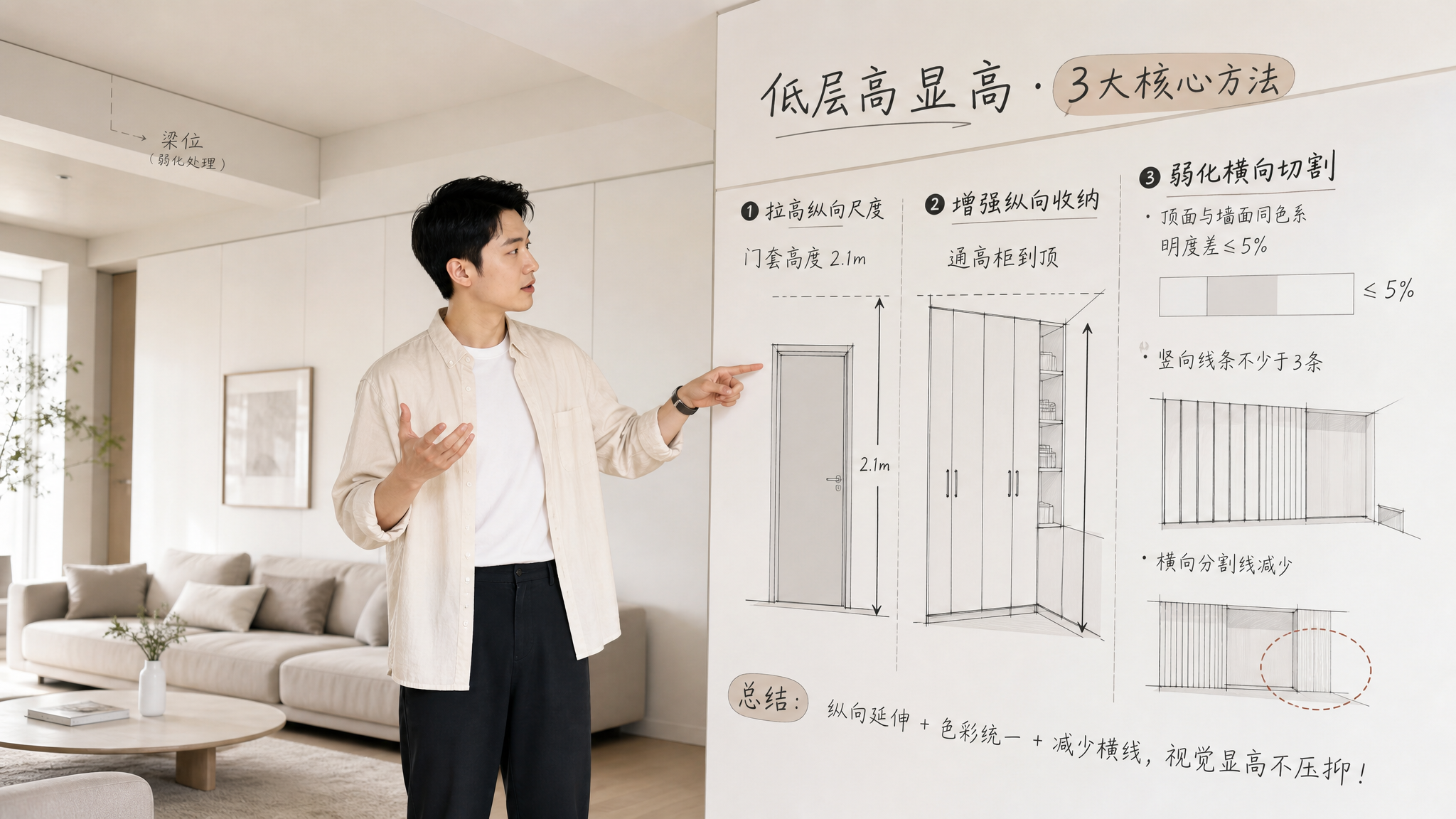 层高2.6m显矮？别吊顶，用这套“垂直线三连”