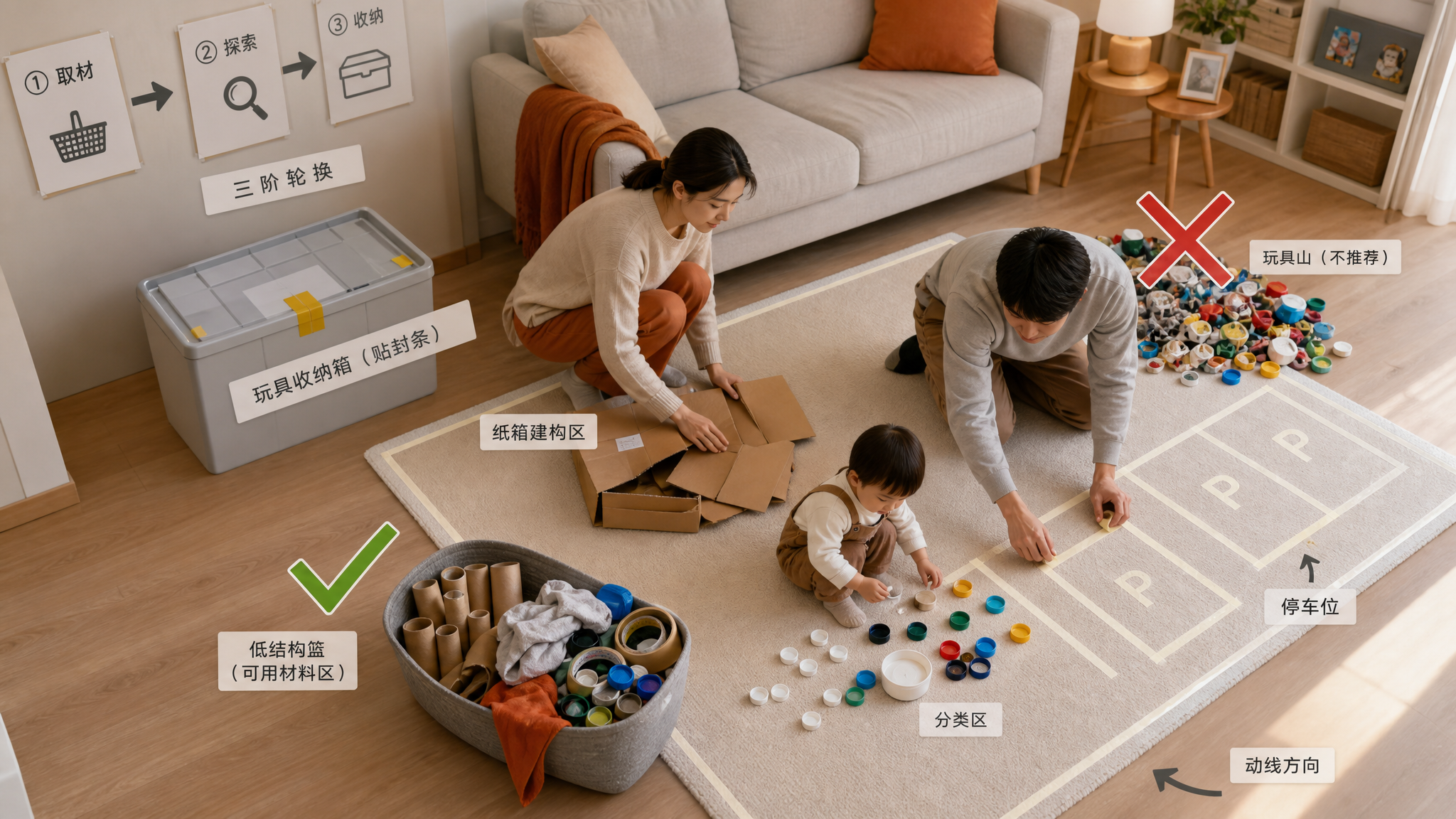 玩具越多越无聊？用纸箱瓶盖做三阶轮换