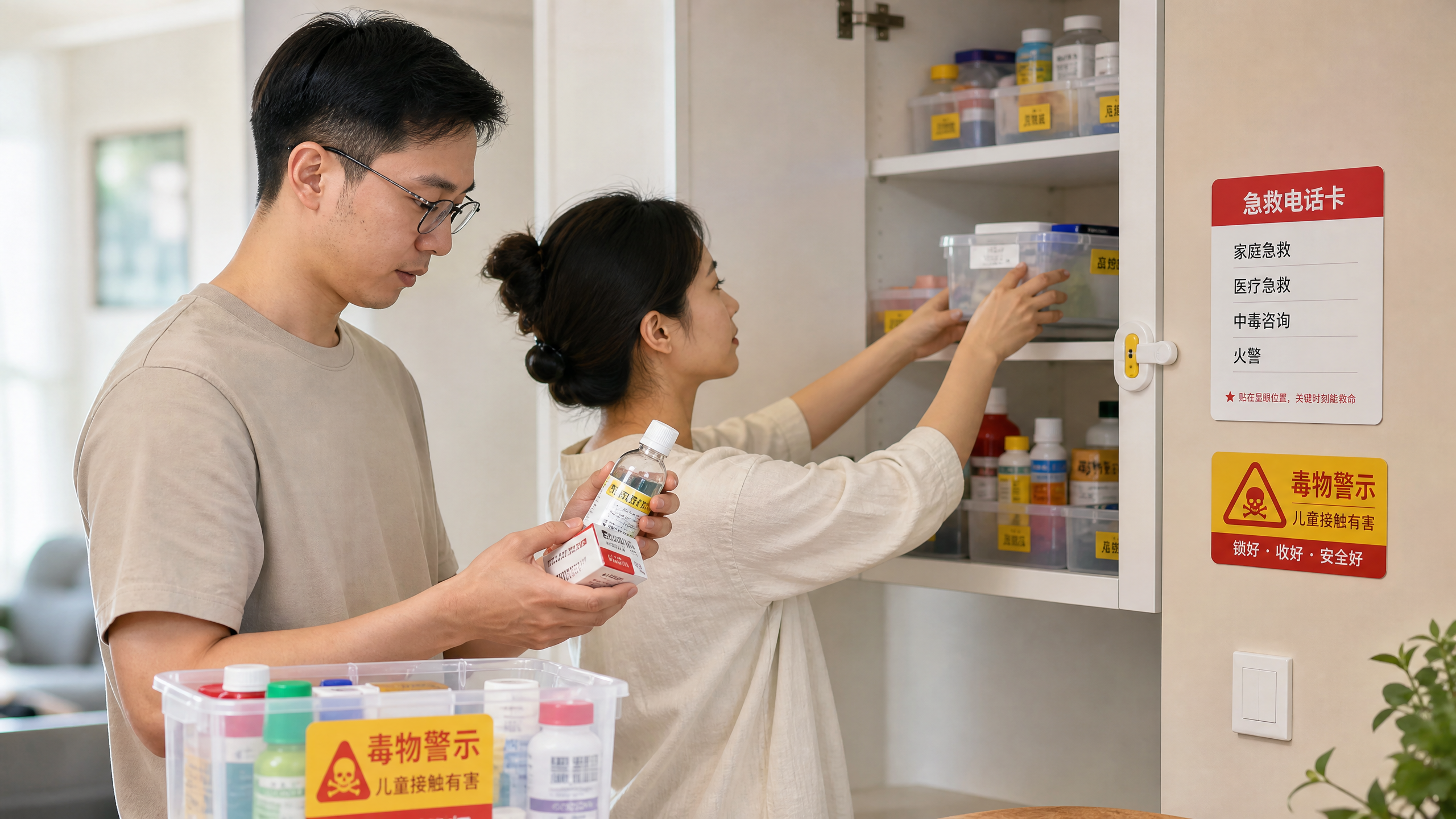 中国年轻父母在家中厨房或客厅的高处上锁储物柜前整理药品与化学品，一个中国爸爸手持标签贴在小瓶驱蚊液与