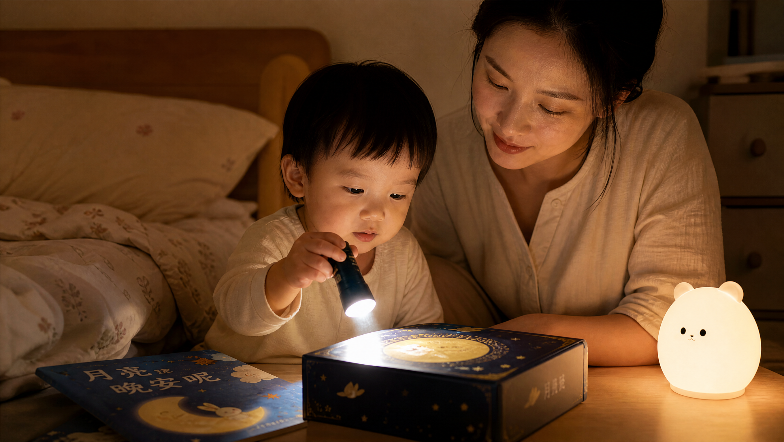 中国年轻妈妈在卧室睡前陪1-2岁中国幼儿做明暗认知游戏，妈妈坐在床边温柔看着孩子，孩子用小手按手电筒