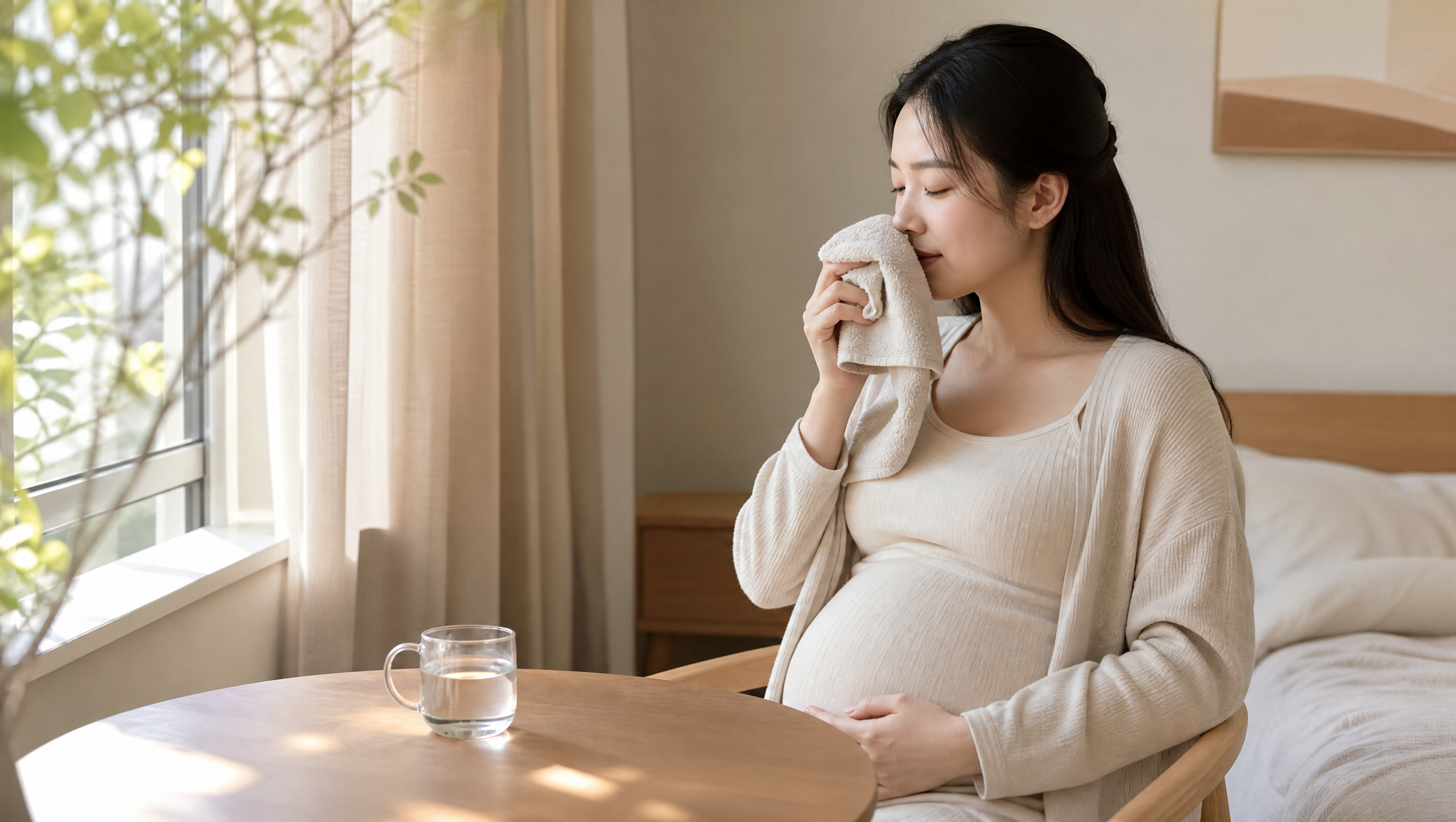 中国年轻孕妈妈在家中卧室或客厅的窗边，初秋清爽氛围，桌面只有透明温水杯与一条干净浅米色小毛巾，孕妈妈