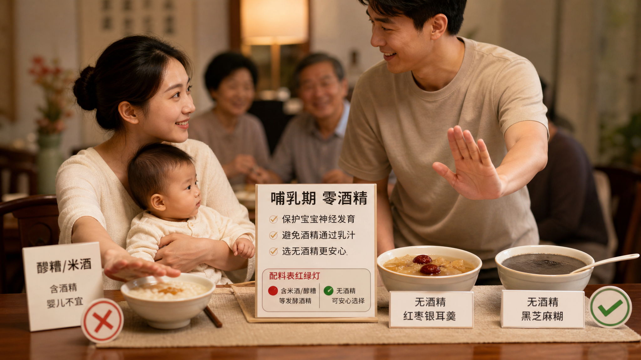 中国家庭国庆聚餐餐桌场景，温暖的家宴环境中，一位中国年轻妈妈抱着婴儿坐在餐桌旁，另一位中国年轻爸爸站