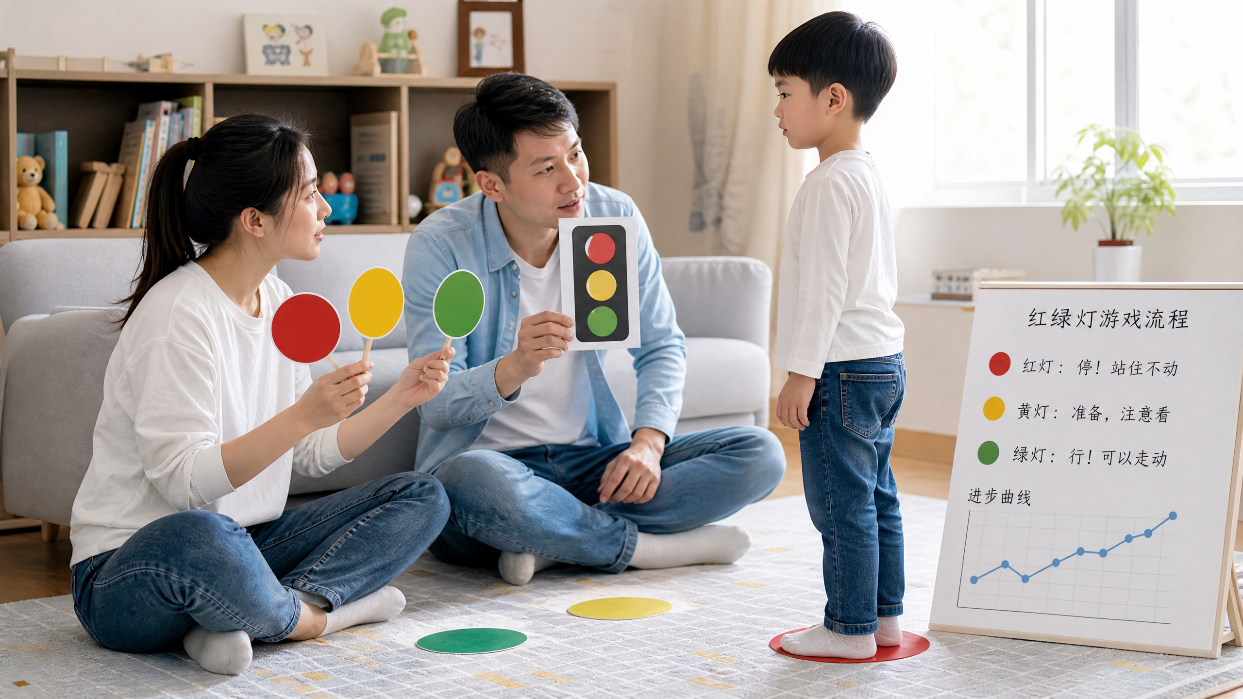 中国年轻爸爸妈妈在家中客厅地垫上，和一名中国4-5岁幼儿做“红绿灯”抑制控制游戏，家长手举红黄绿三色