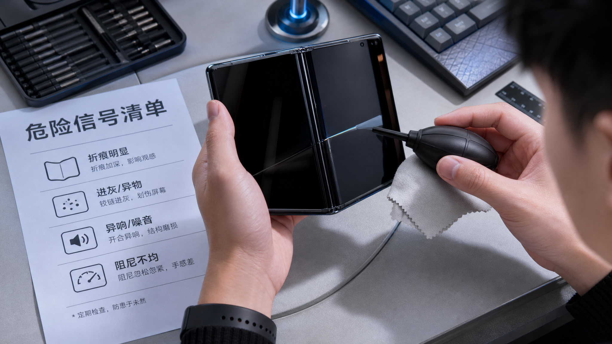 中国年轻男性科技博主在明亮的书桌前,手持一台折叠屏手机半展开,另一只手拿气吹与无纺布准备清洁,桌面上