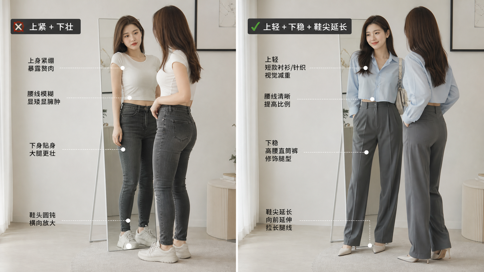 下半身显壮别硬勒：上轻下稳+鞋尖延长更显瘦