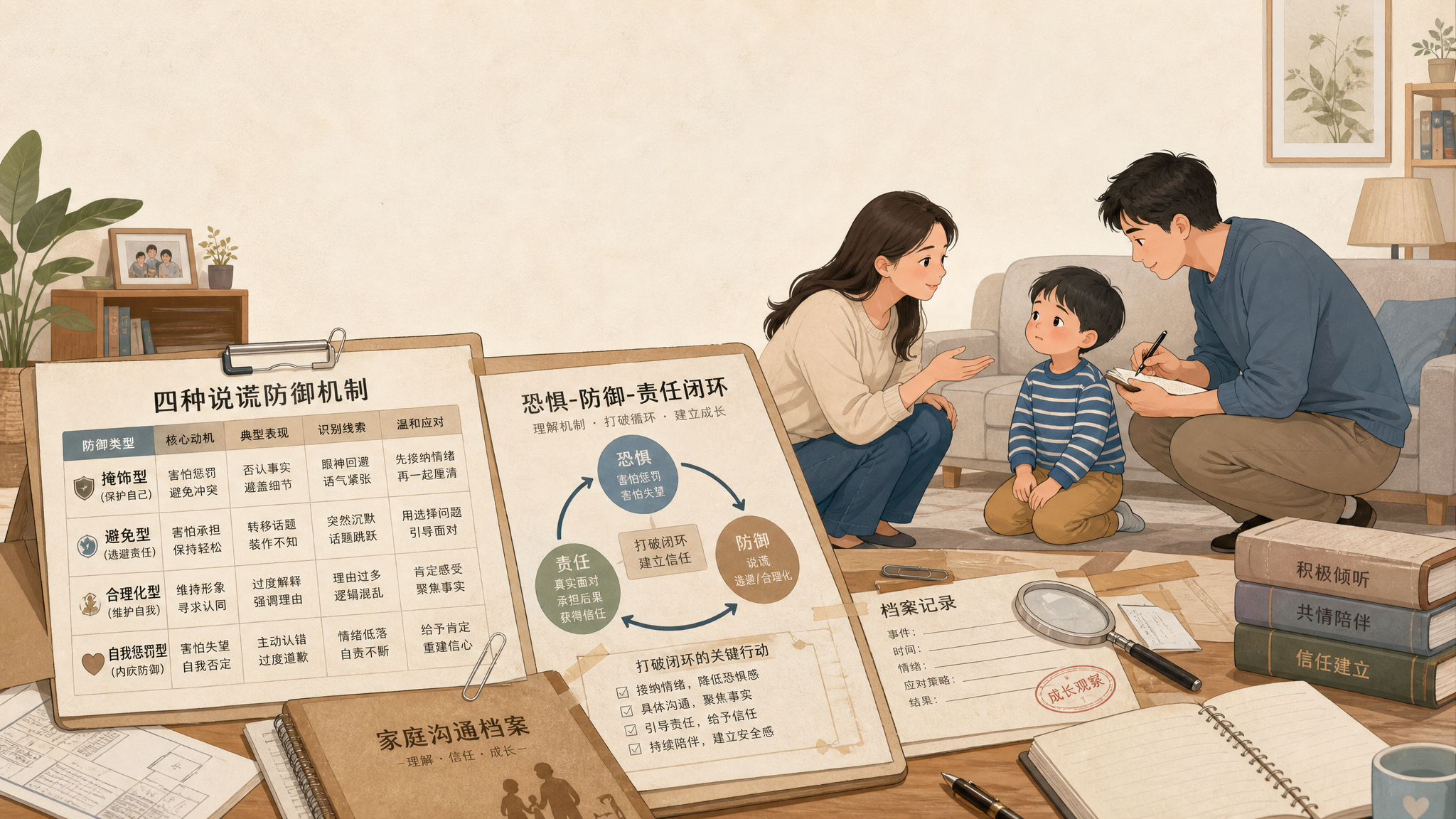 温暖侦探档案风插画，场景为中国家庭客厅，桌面摆放“侦探档案”风格的纸张与图表，核心主体是一张“四种说