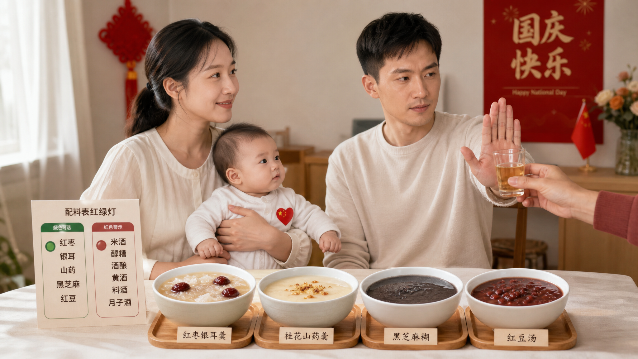 国庆家庭餐桌场景，中国年轻妈妈怀抱中国婴儿坐在餐桌一侧，另一侧摆放4碗无酒精甜汤（红枣银耳羹、桂花山