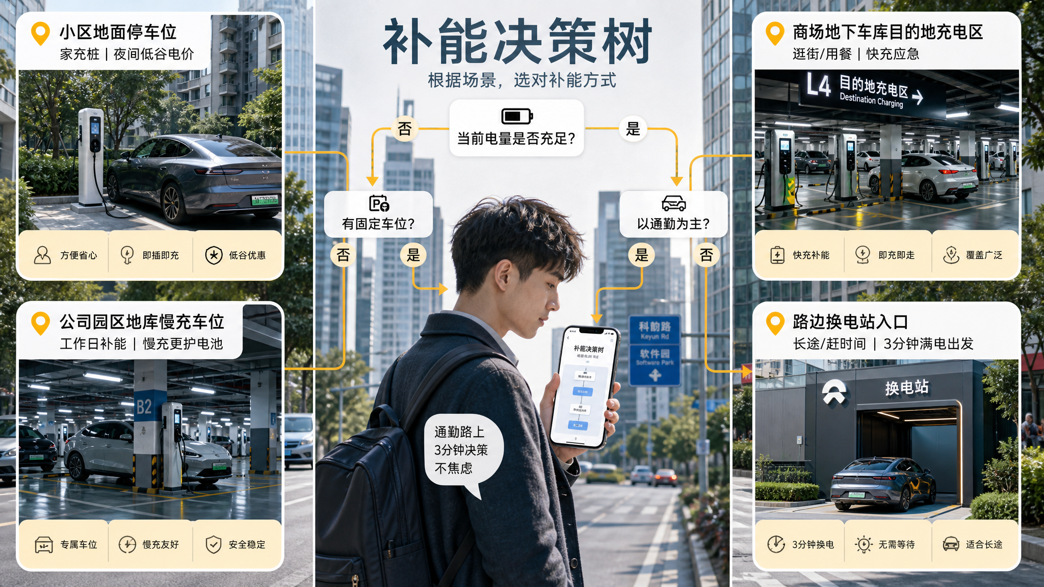 中国城市通勤场景信息图插画与实拍融合风格,一位中国年轻上班族站在城市街头,手持手机查看“补能决策树”
