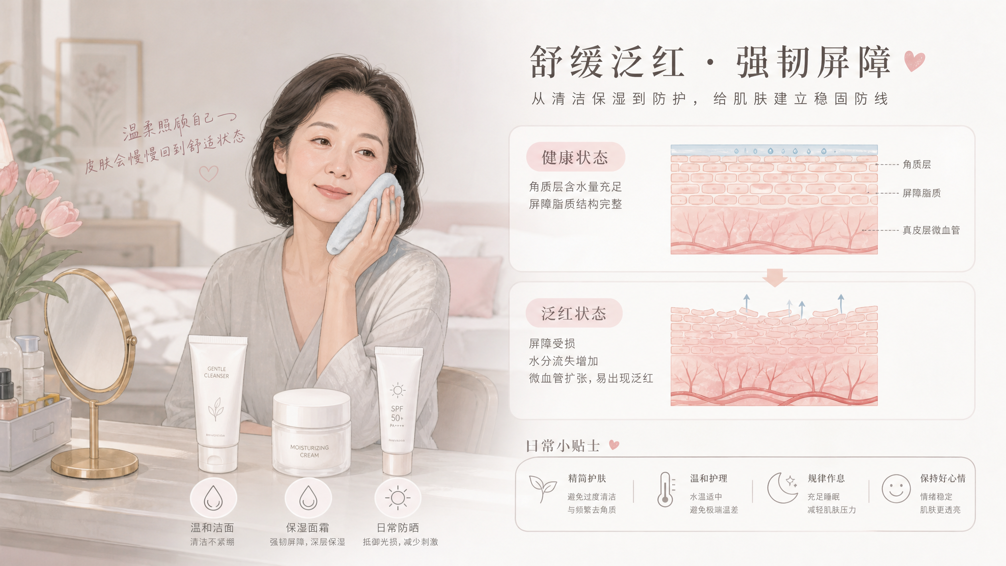 暖灰与柔粉配色的治愈系信息图插画风格画面,一个中国中年女性坐在卧室梳妆台前,表情放松,手里拿着柔软的