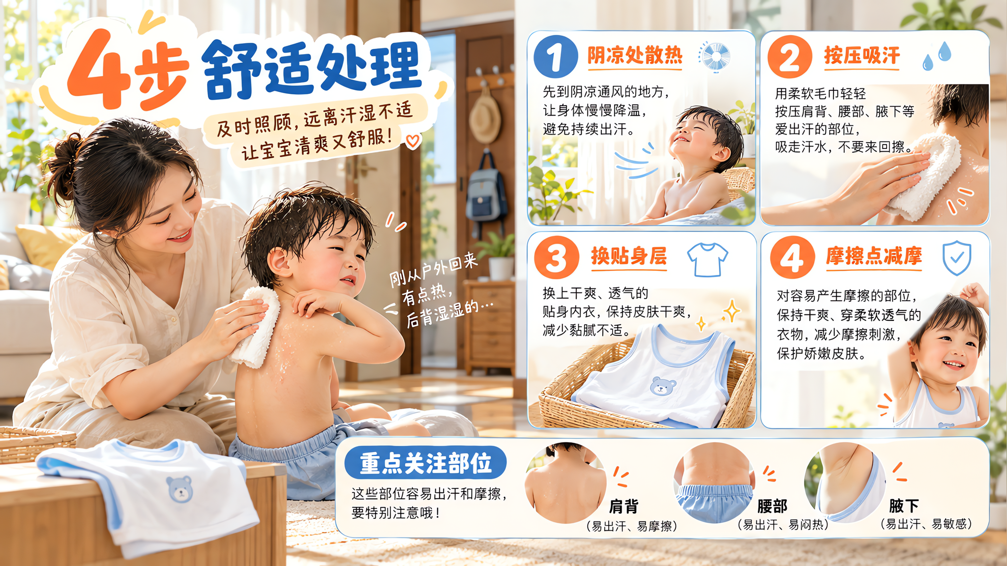 宝宝出汗就痒黏？换季按4步处理更舒服