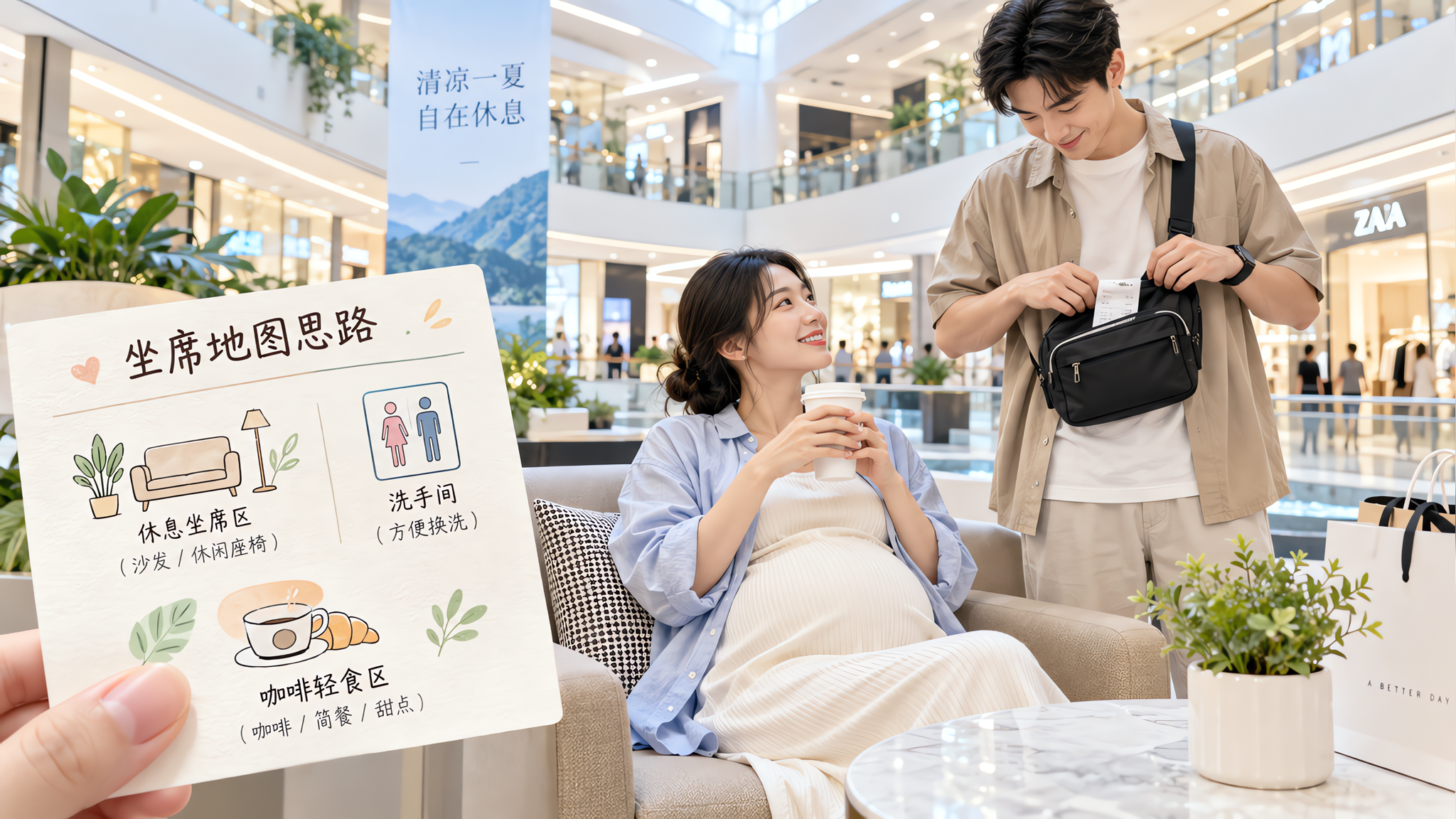 中国年轻孕妈与准爸爸在高级现代商场室内公共休息区，孕妈坐在有靠背的沙发座位上手握水杯放松休息，准爸爸