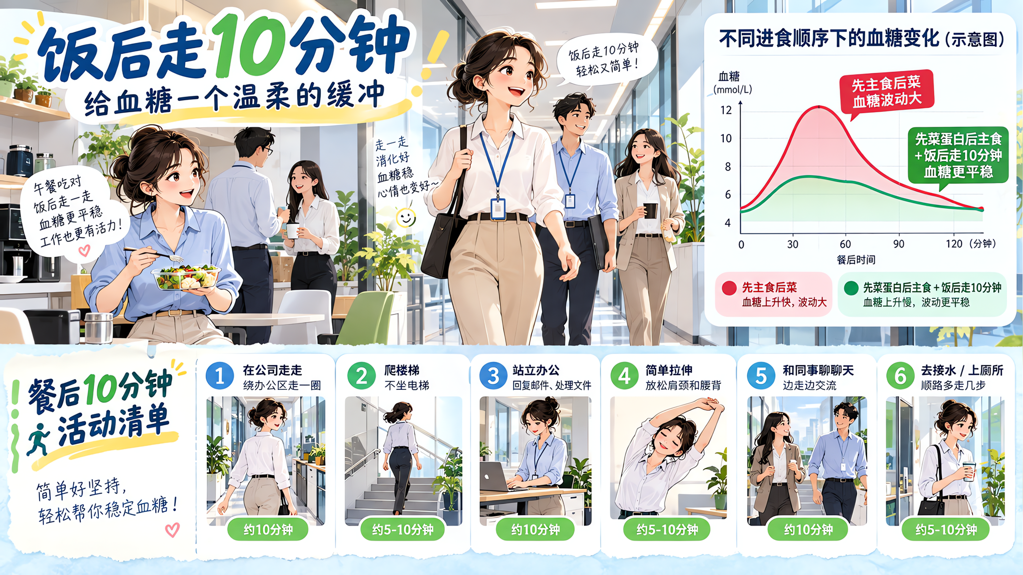 中国职场白领在公司茶水间与走廊场景,午餐后轻松步行10分钟,画面一侧以简洁信息图方式叠加两条血糖曲线