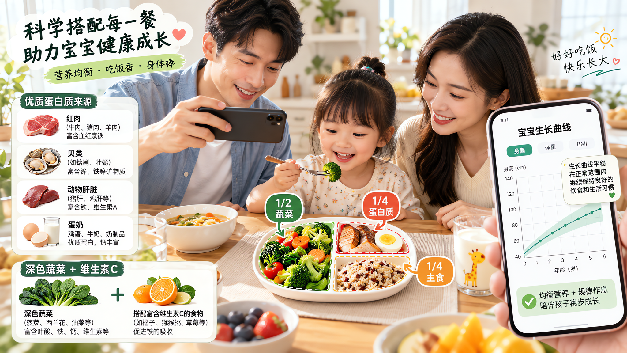 明亮干净的家庭餐桌场景，中国年轻父母与一名3-6岁中国幼儿一起用餐，桌上摆放“像素级餐盘”示意：盘子