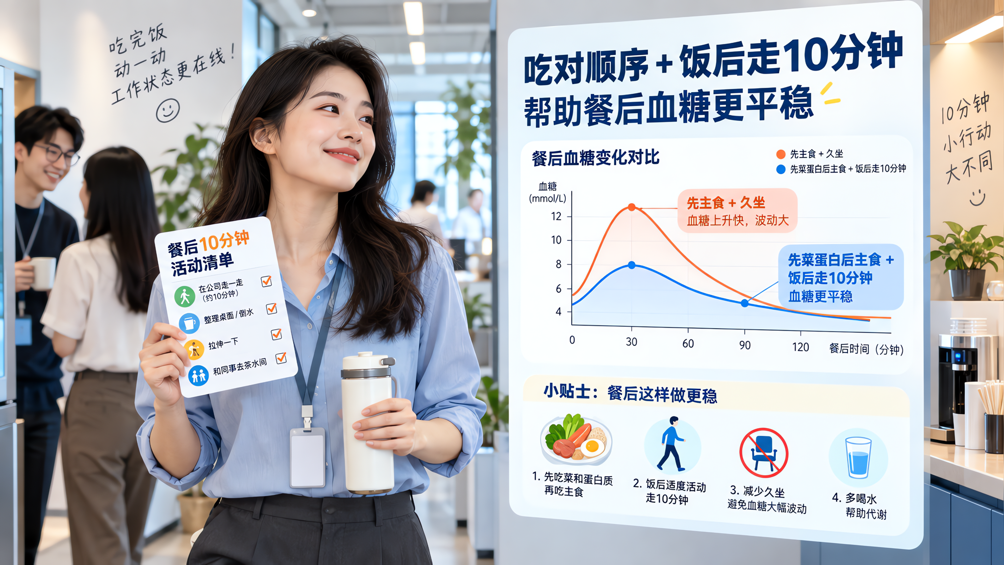 场景为办公室午餐后的日常,中国年轻上班族在公司茶水间/走廊,手拿简洁的“餐后10分钟活动清单”卡片,