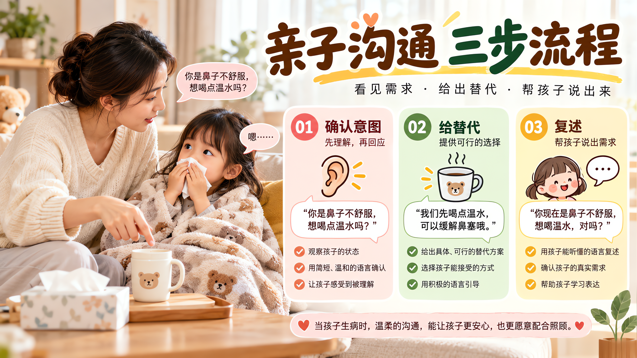 孩子感冒说话含糊别逼重说：3句接话+就医红线